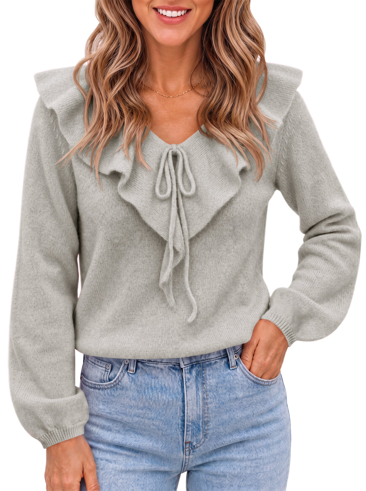 Saodimallsu Womens Ruffle V Neck Sweaters