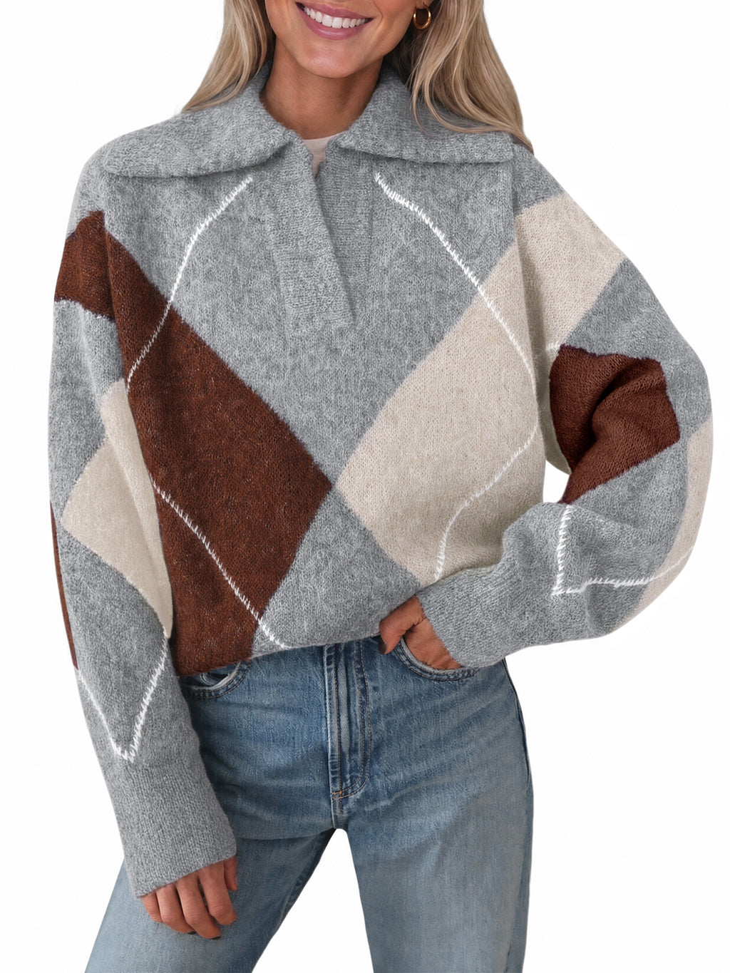 Saodimallsu Womens Collared V Neck Argyle Sweater