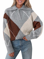 Saodimallsu Womens Collared V Neck Argyle Sweater