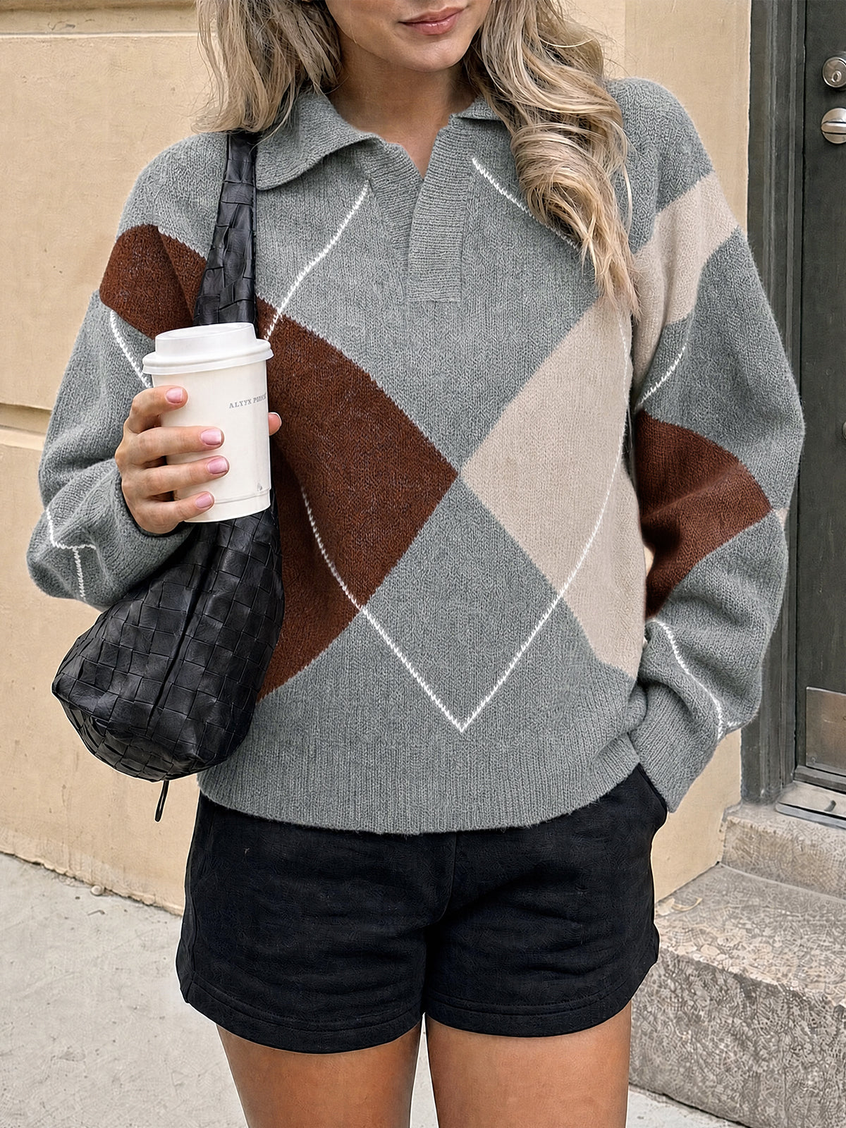 Saodimallsu Womens Collared V Neck Argyle Sweater