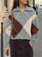 Saodimallsu Womens Collared V Neck Argyle Sweater