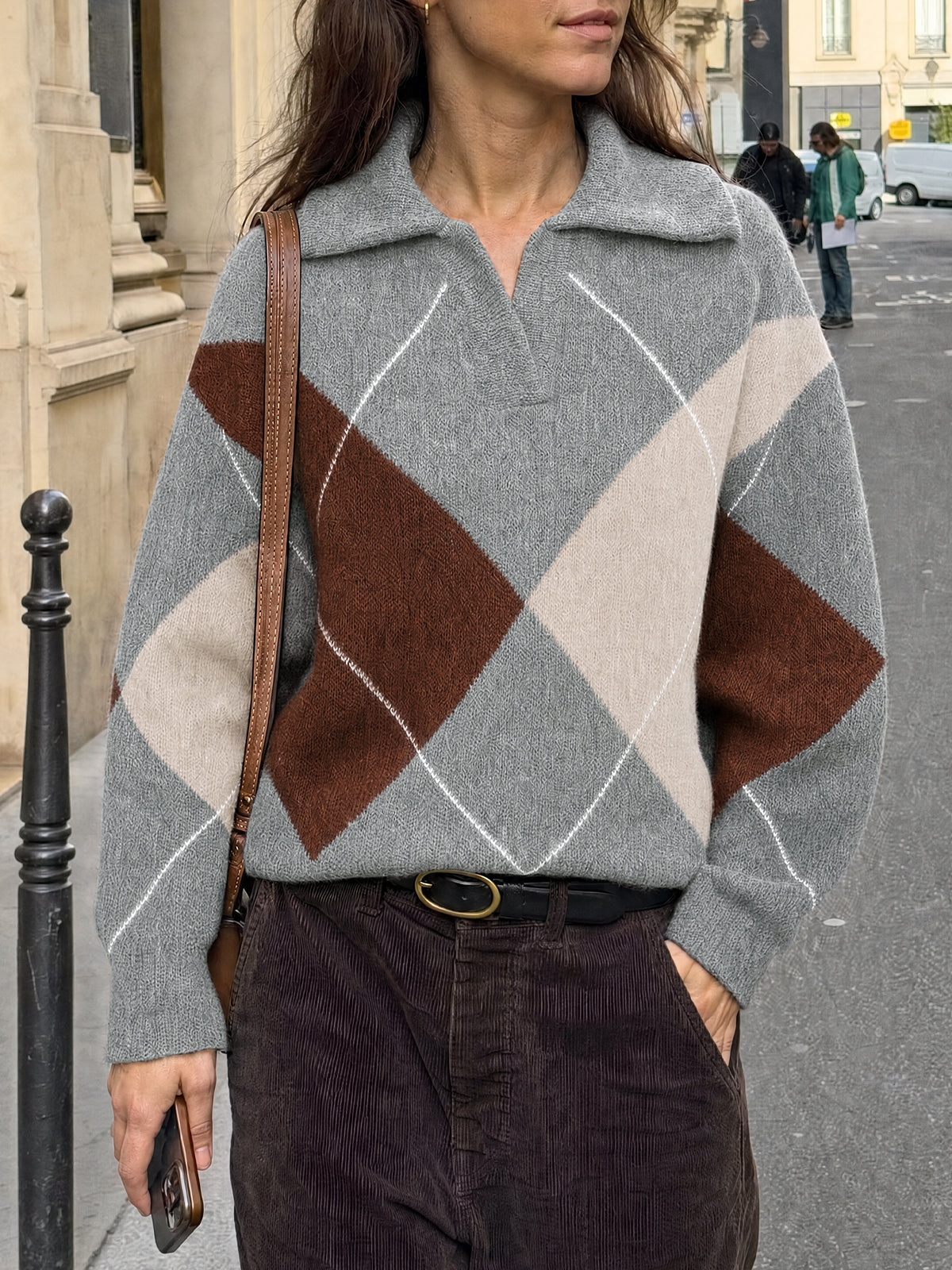 Saodimallsu Womens Collared V Neck Argyle Sweater