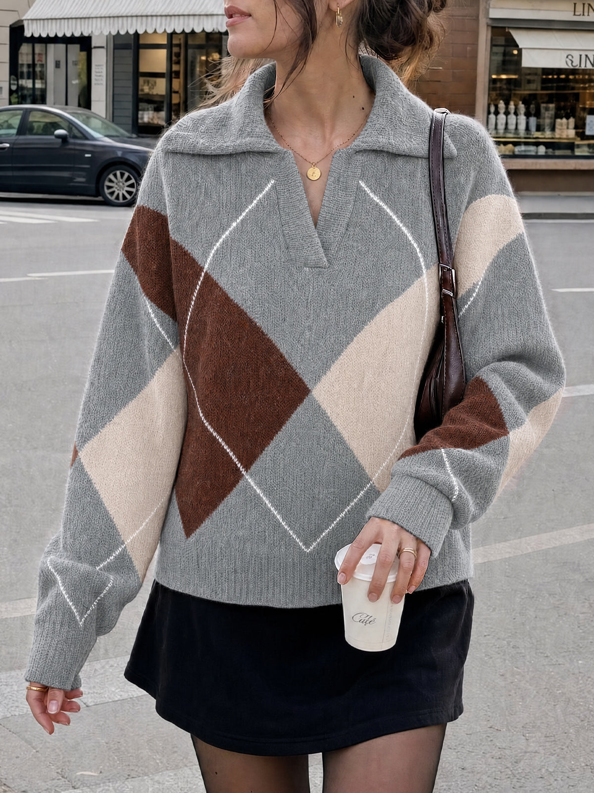 Saodimallsu Womens Collared V Neck Argyle Sweater
