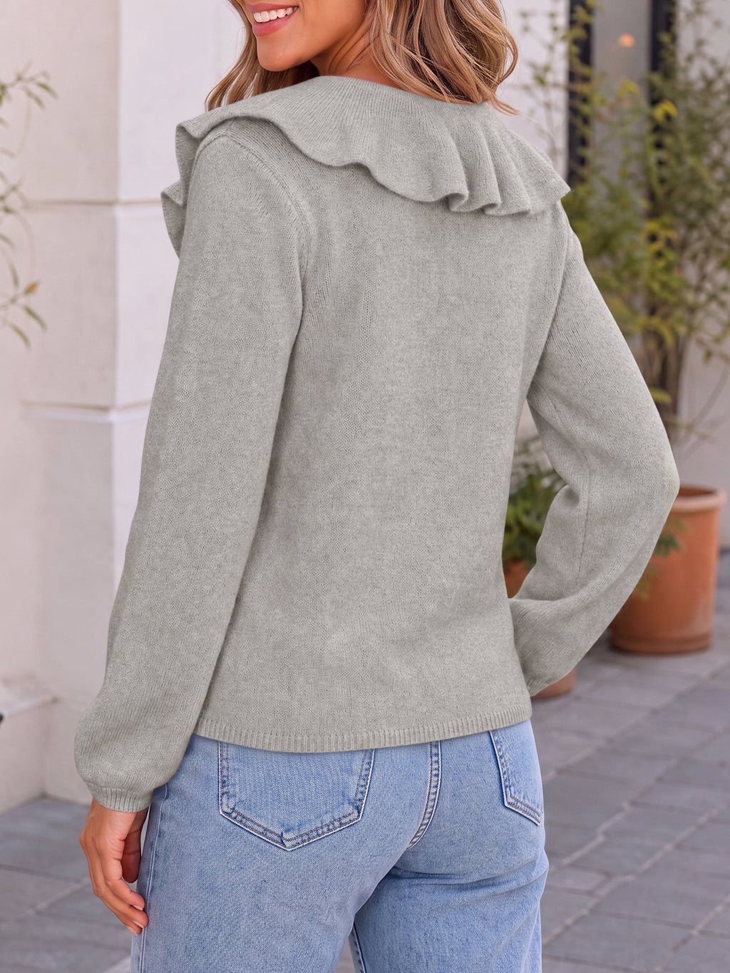 Saodimallsu Womens Ruffle V Neck Sweaters
