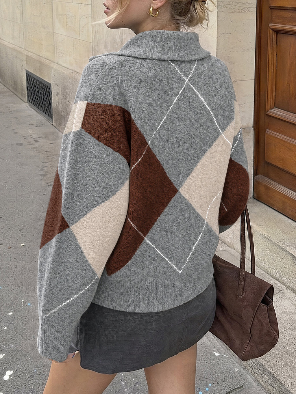 Saodimallsu Womens Collared V Neck Argyle Sweater