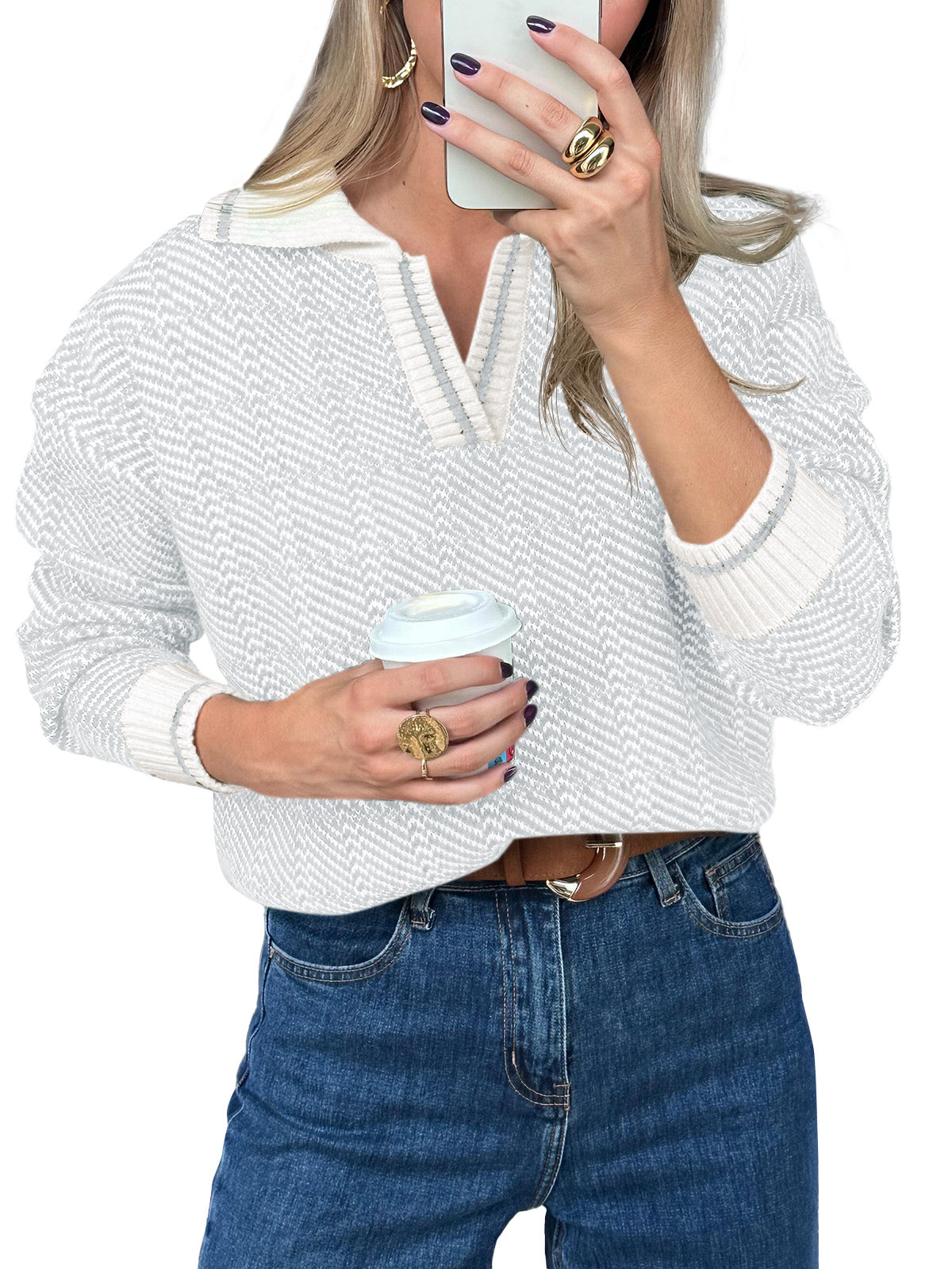 Saodimallsu Womens Fall Lapel V Neck Knit Sweaters