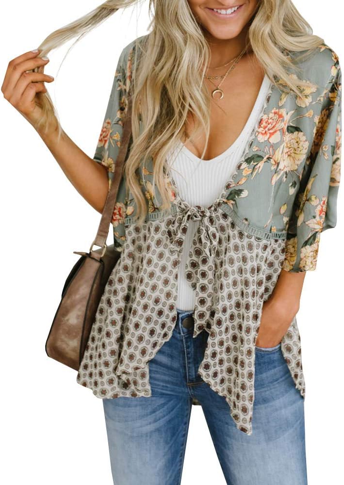 Saodimallsu Womens Tie Front Floral Kimono Cardigans