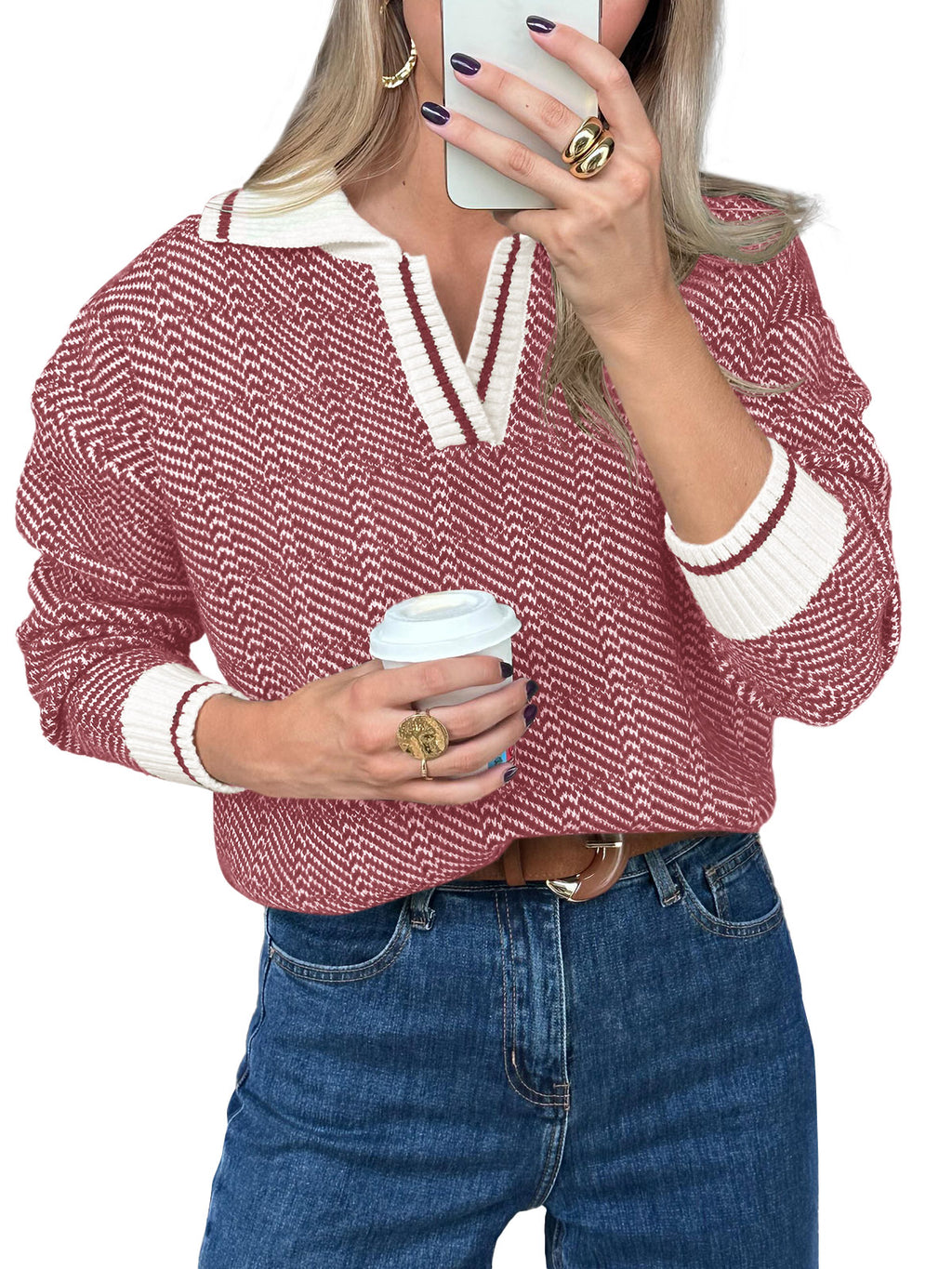 Saodimallsu Womens Fall Lapel V Neck Knit Sweaters