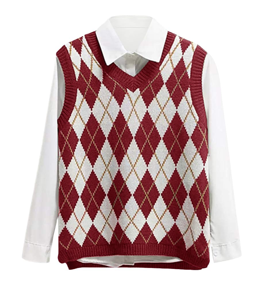 Saodimallsu Womens V Neck Argyle Knit Tops