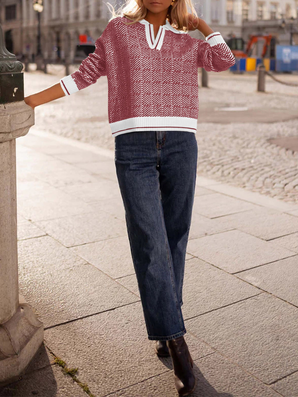 Saodimallsu Womens Fall Lapel V Neck Knit Sweaters