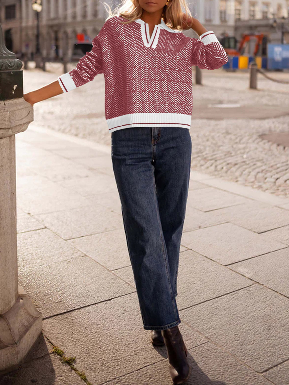 Saodimallsu Womens Fall Lapel V Neck Knit Sweaters