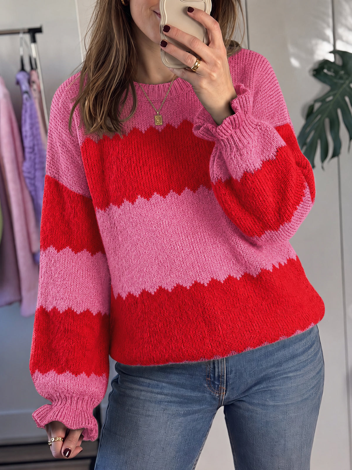 Saodimallsu Womens Striped Color Block Ruffle Sweaters