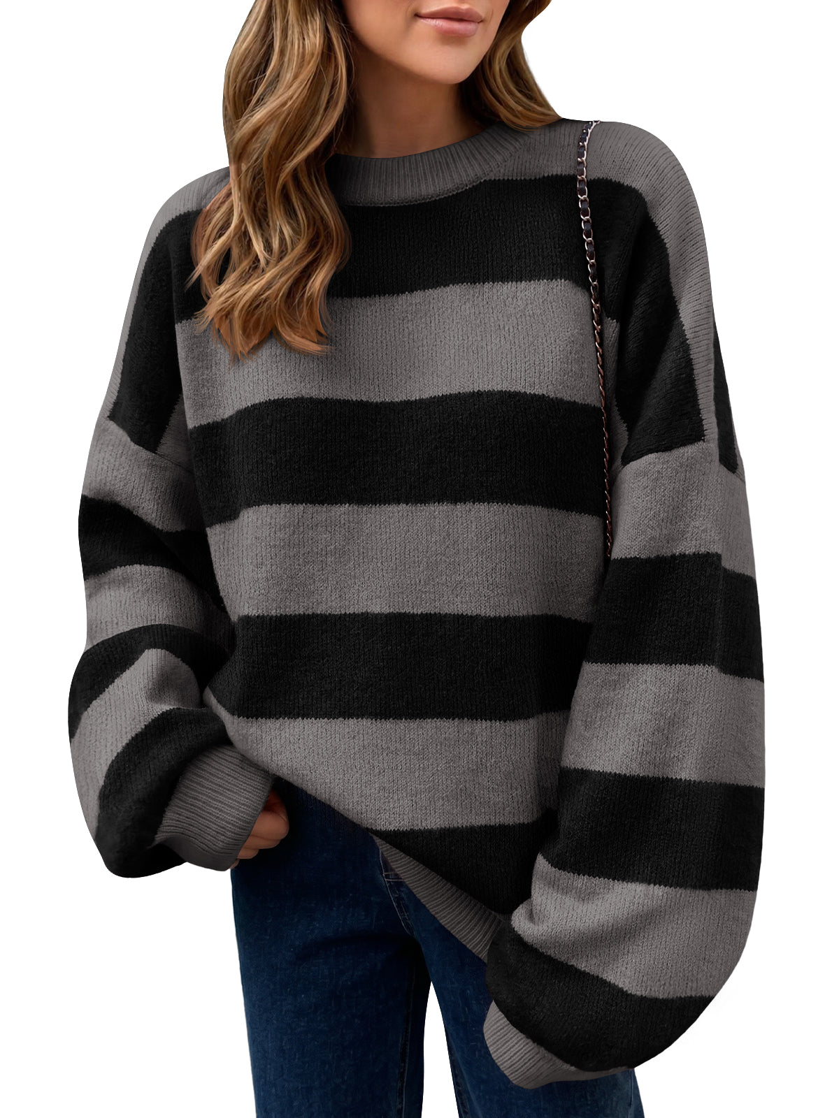 Saodimallsu Womens Oversized Striped Knit Block Sweaters