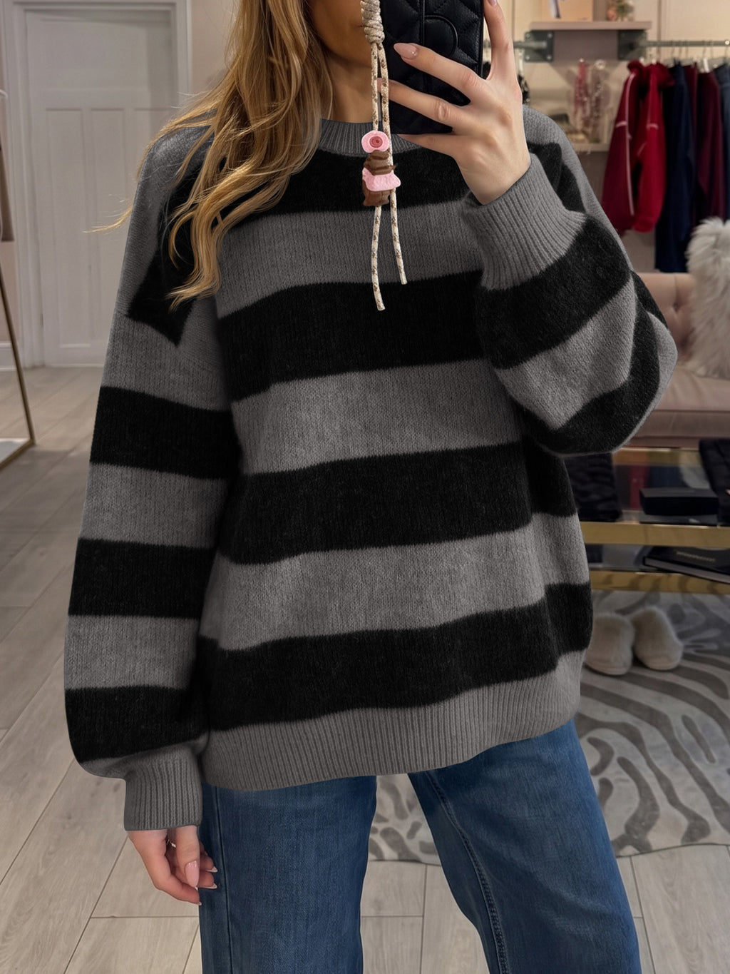 Saodimallsu Womens Oversized Striped Knit Block Sweaters