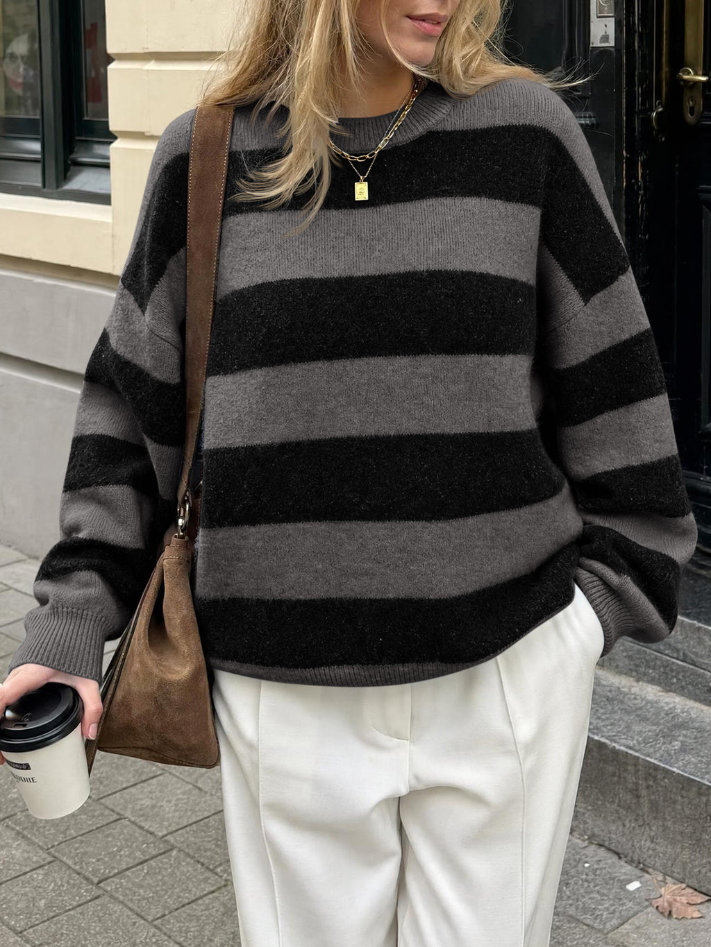 Saodimallsu Womens Oversized Striped Knit Block Sweaters