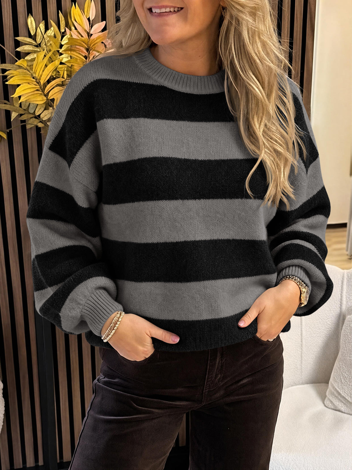 Saodimallsu Womens Oversized Striped Knit Block Sweaters
