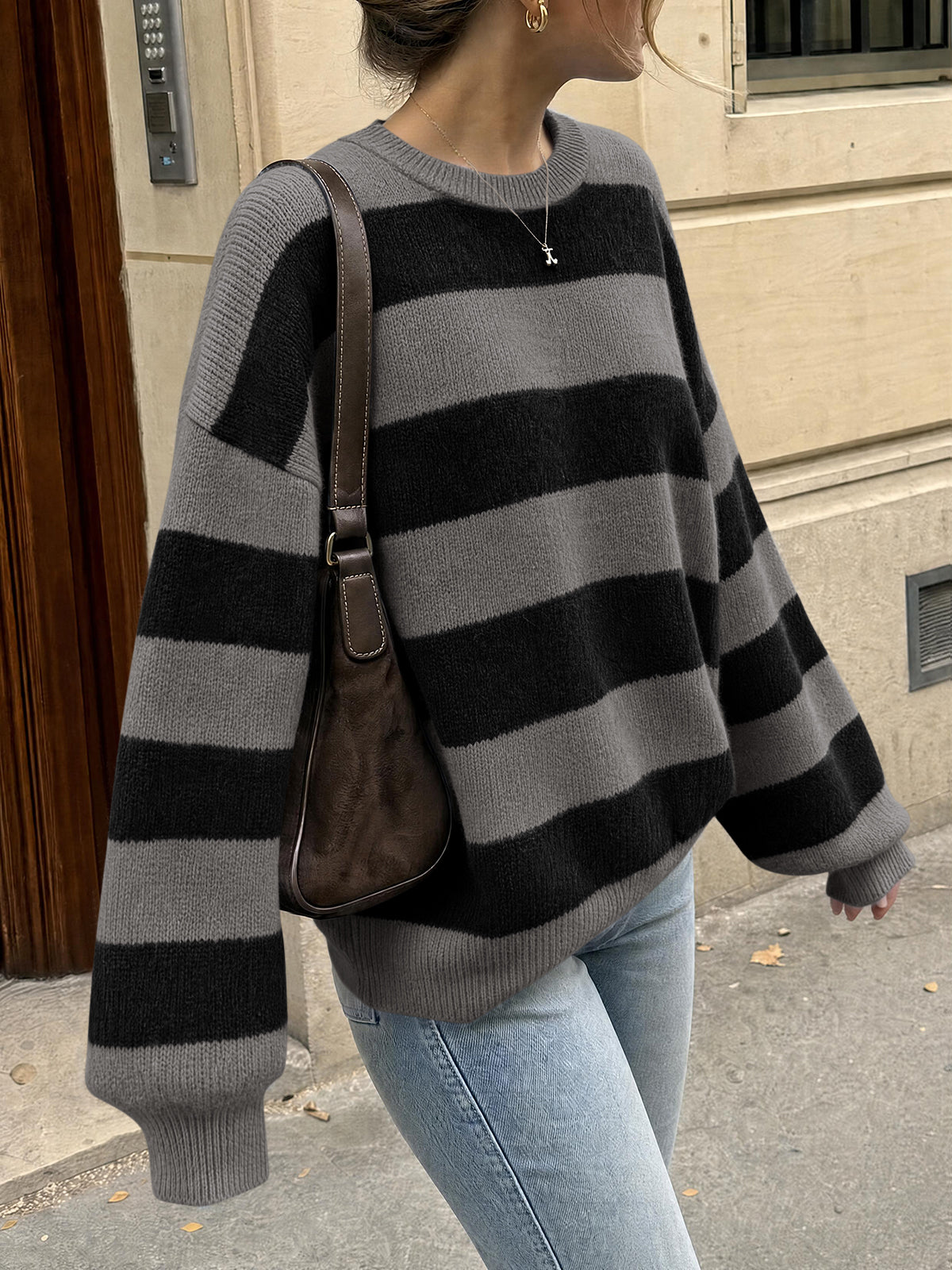 Saodimallsu Womens Oversized Striped Knit Block Sweaters