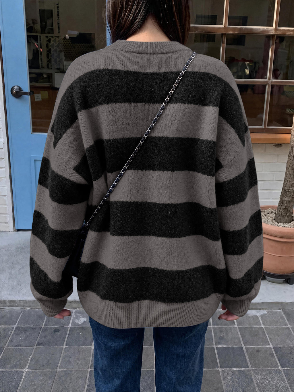 Saodimallsu Womens Oversized Striped Knit Block Sweaters