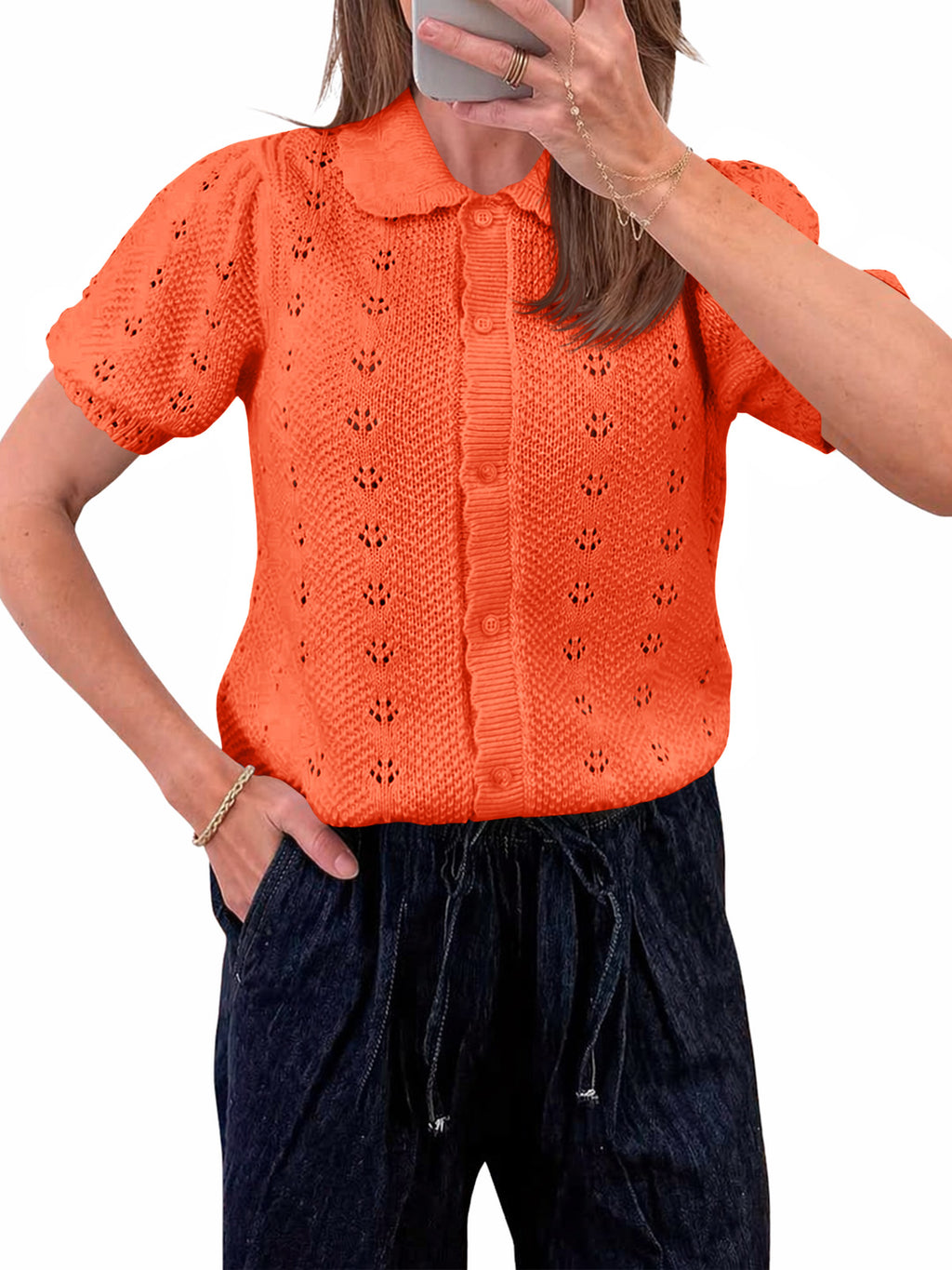 Saodimallsu Women Crochet Puff Sleeve Cardigan