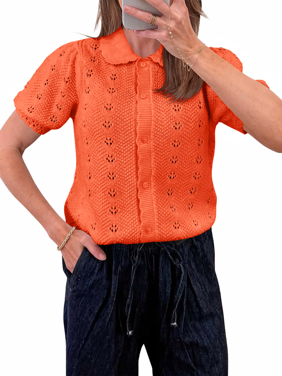 Saodimallsu Women Crochet Puff Sleeve Cardigan
