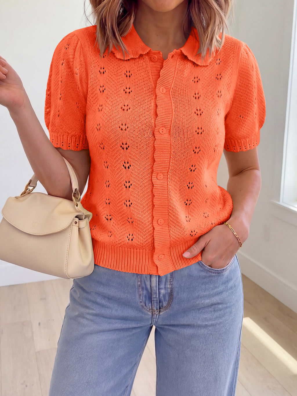 Saodimallsu Women Crochet Puff Sleeve Cardigan