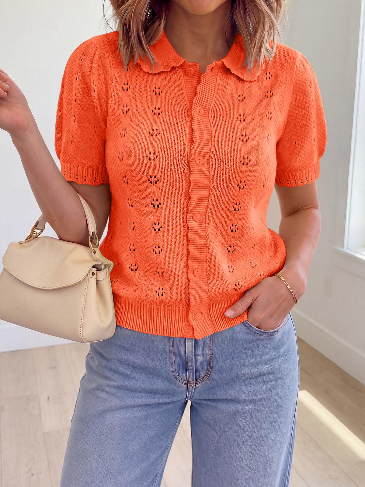 Saodimallsu Women Crochet Puff Sleeve Cardigan