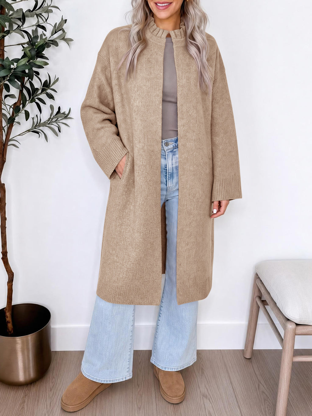 Saodimallsu Womens Ruffle Mock Neck Long Cardigan