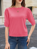 Saodimallsu Womens Puff Sleeve Ruffle Knit Pullover