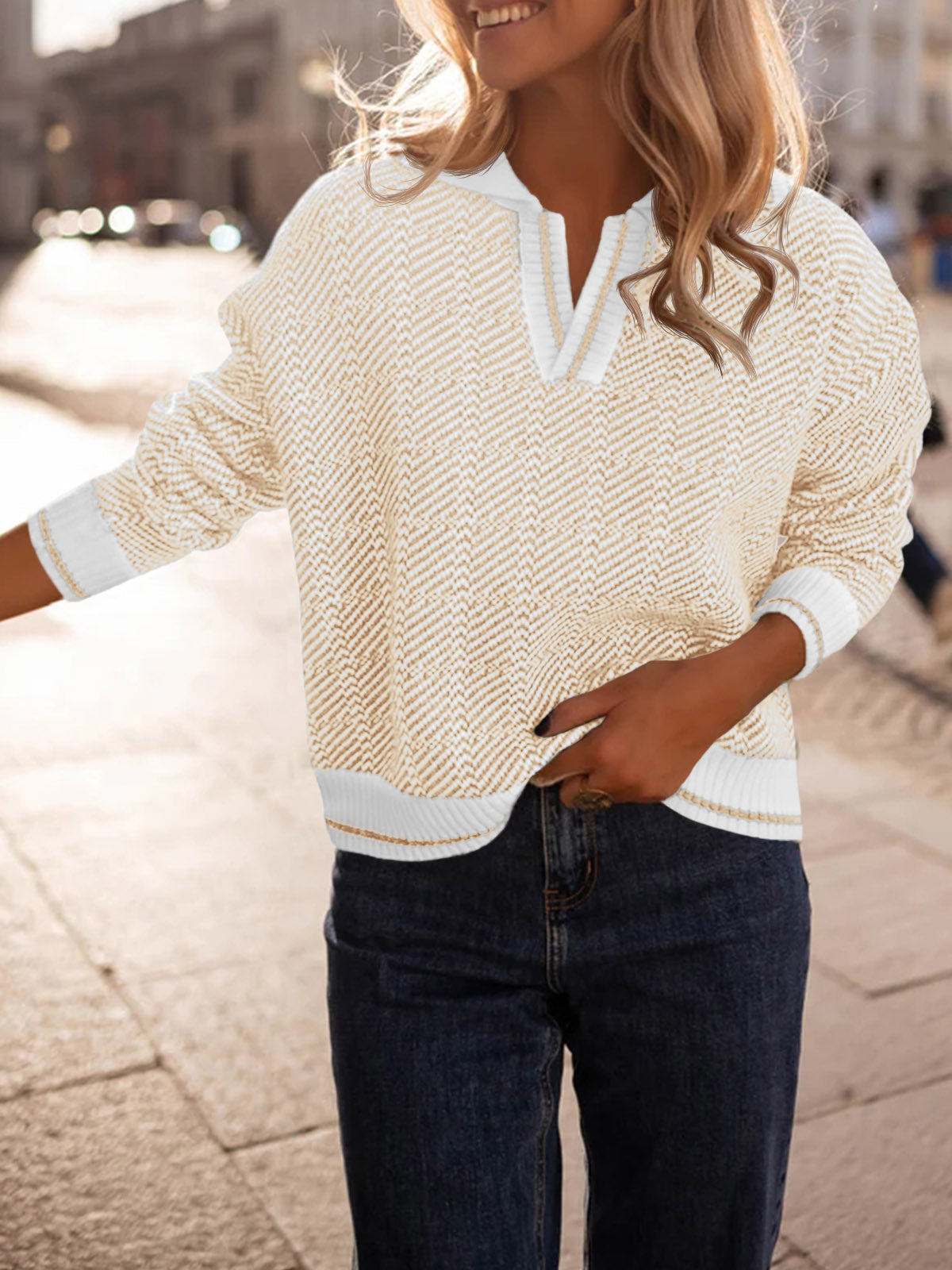 Saodimallsu Womens Fall Lapel V Neck Knit Sweaters
