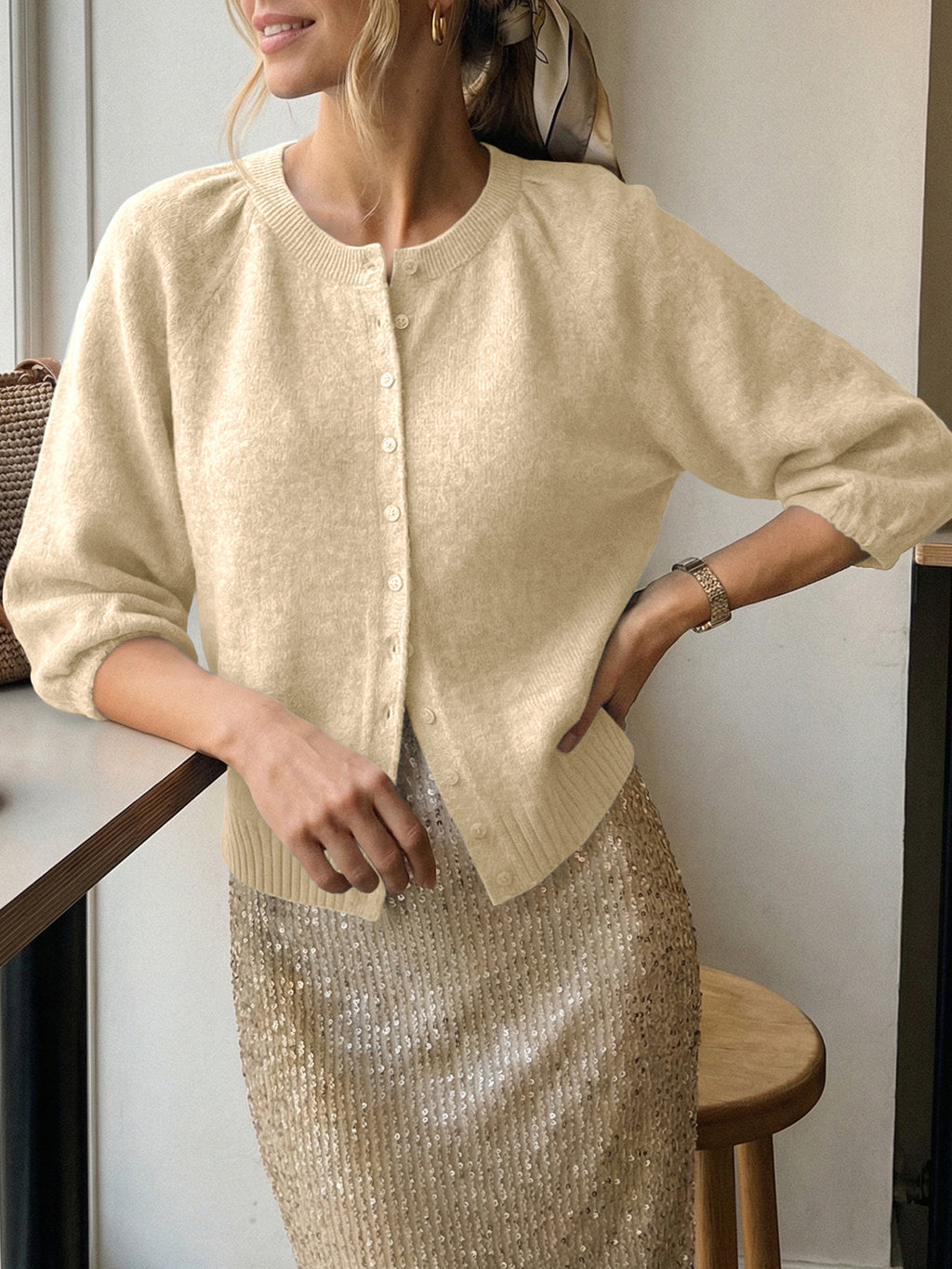 Saodimallsu Womens Puff Sleeve Knit Cardigan