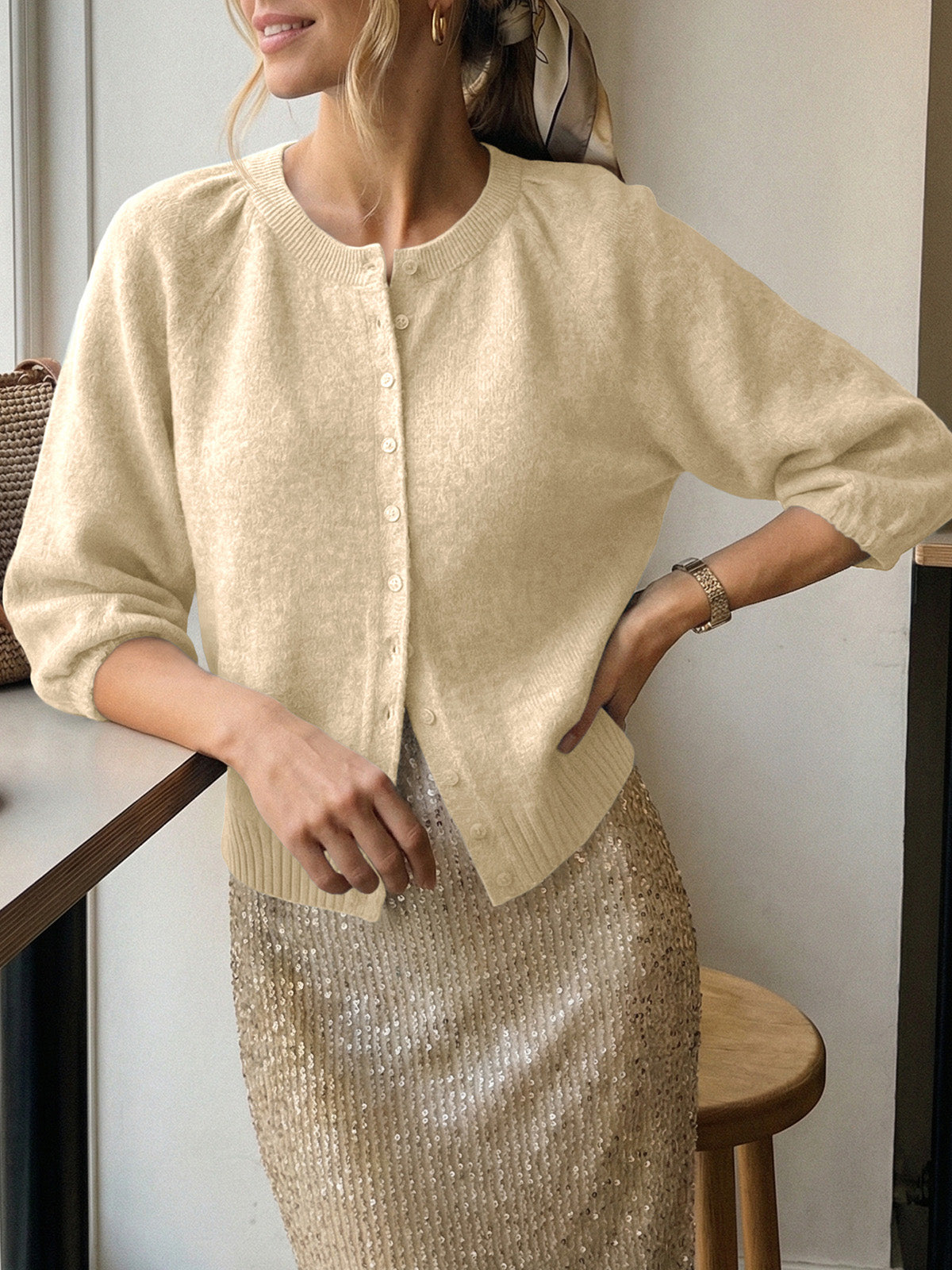 Saodimallsu Womens Puff Sleeve Knit Cardigan