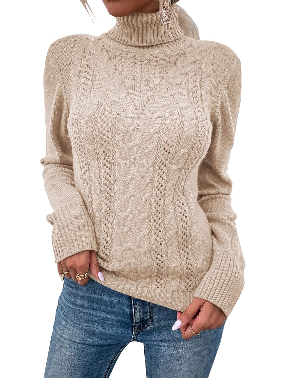 Saodimallsu Women Turtleneck Cable Knit Sweater