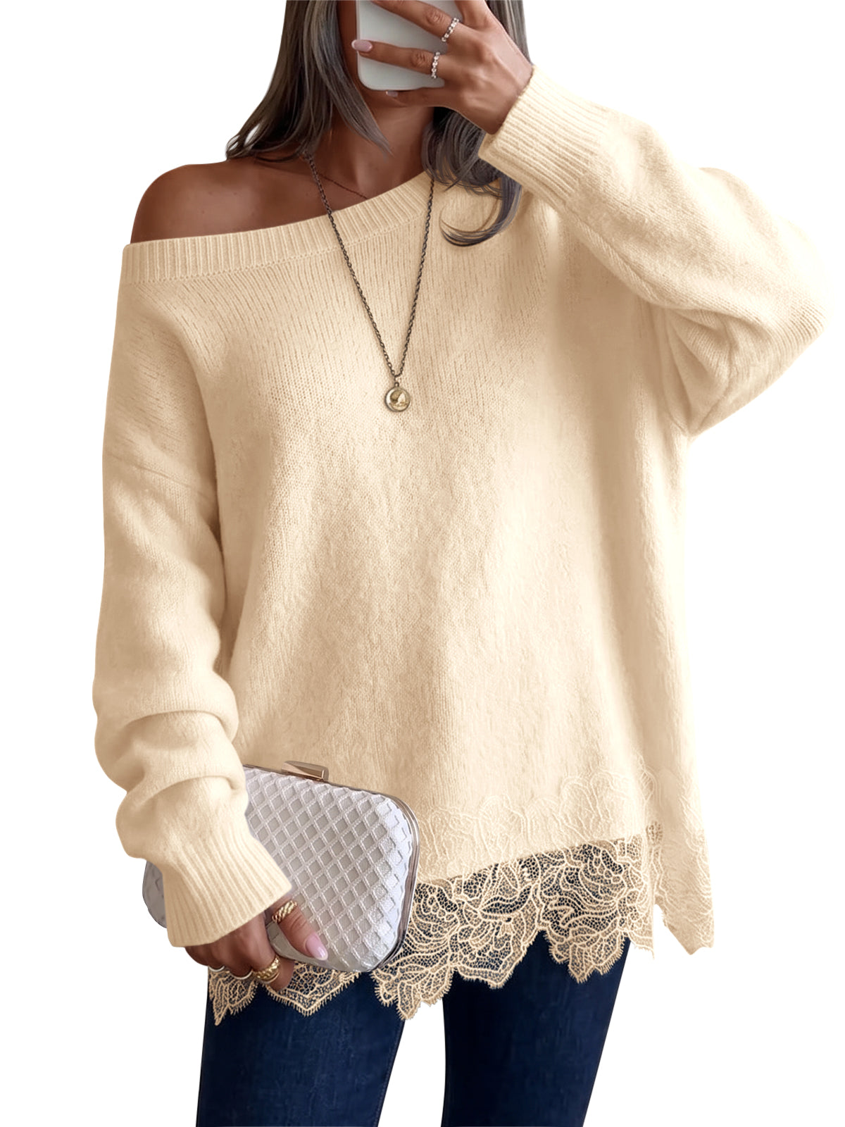 Saodimallsu Women Lace Patchwork Sweater