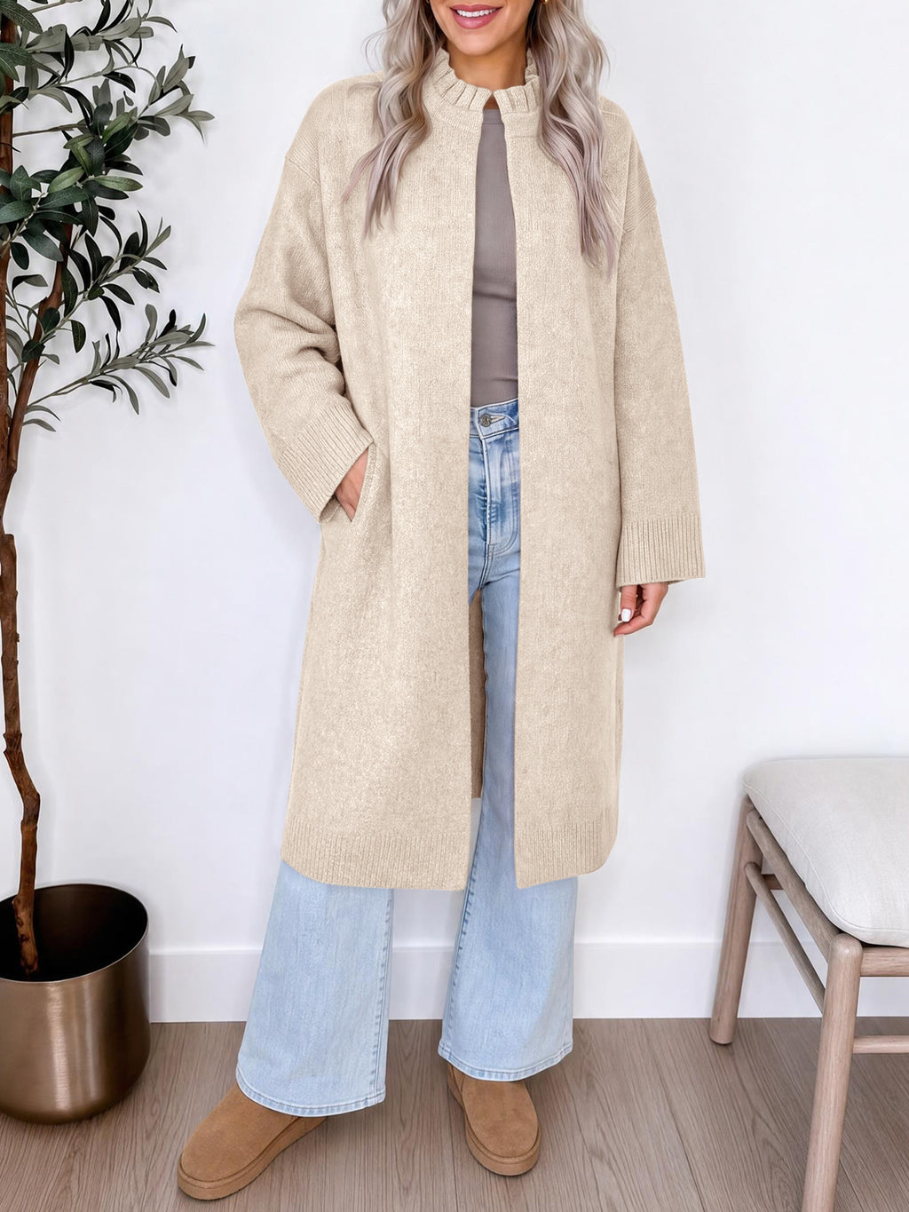 Saodimallsu Womens Ruffle Mock Neck Long Cardigan