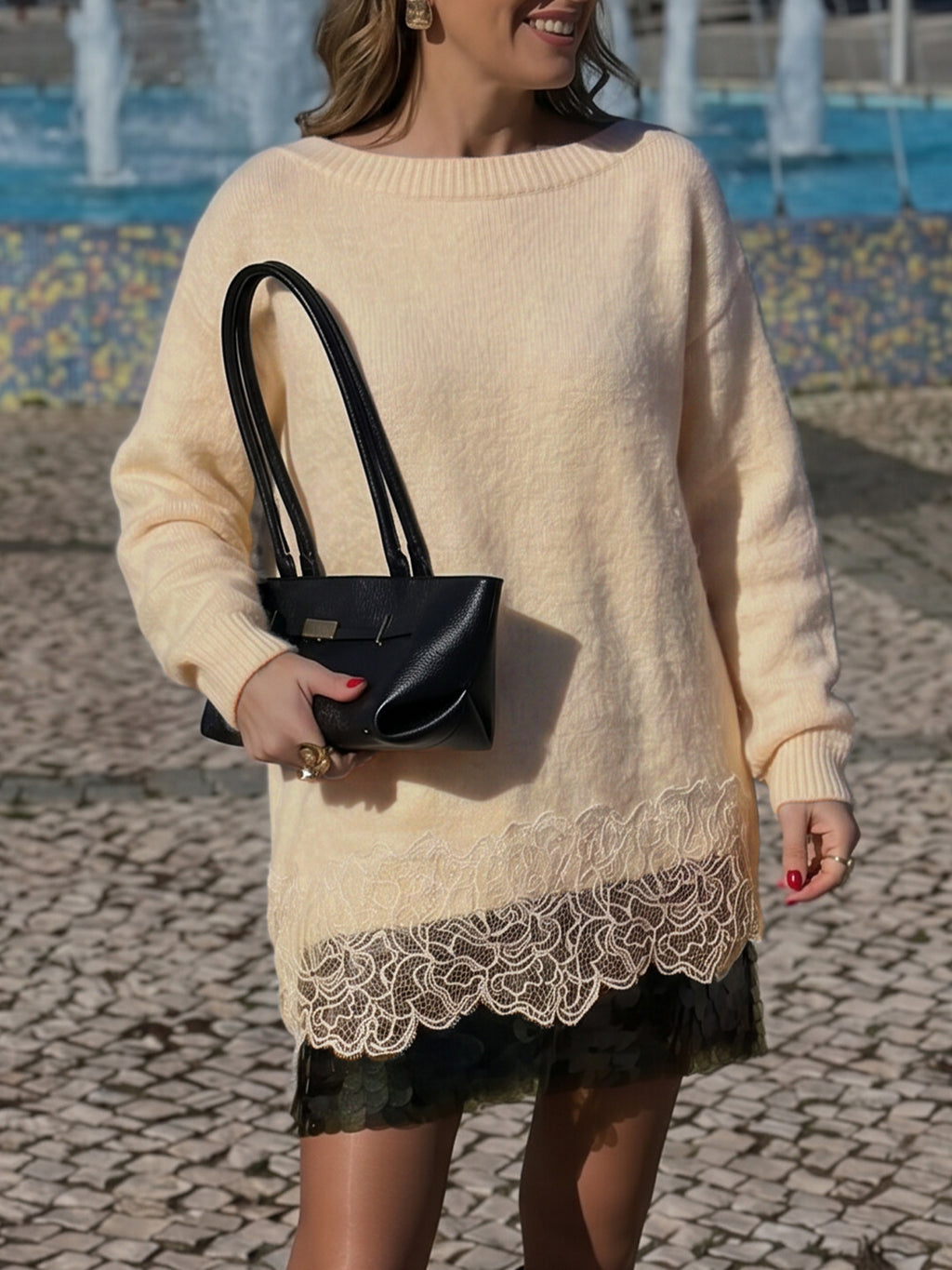 Saodimallsu Women Lace Patchwork Sweater