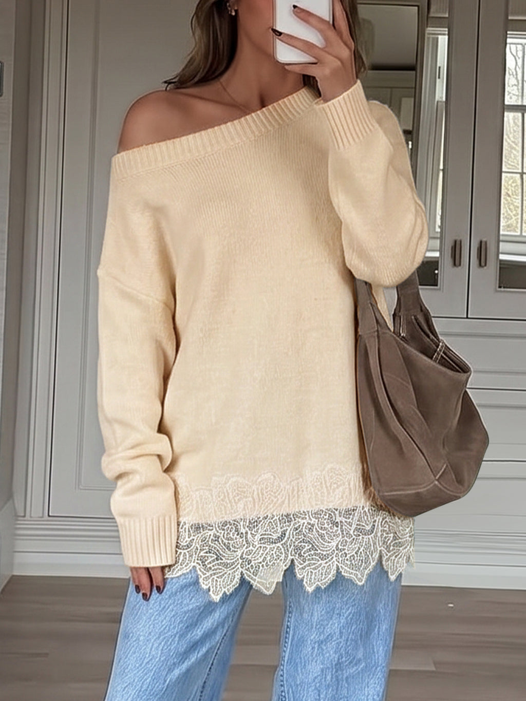 Saodimallsu Women Lace Patchwork Sweater