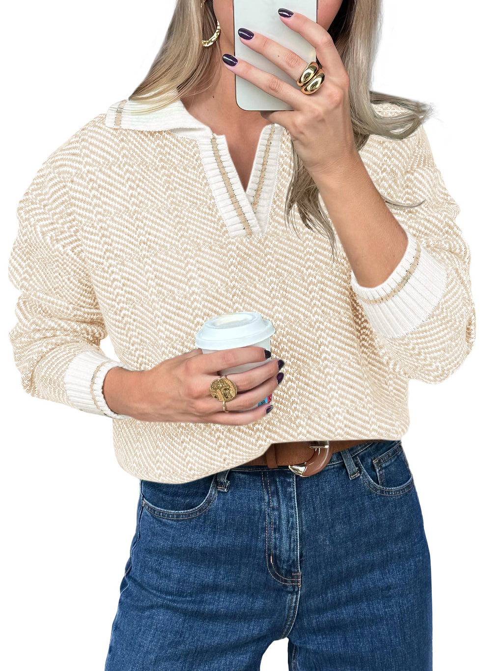 Saodimallsu Womens Fall Lapel V Neck Knit Sweaters
