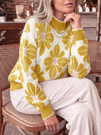 Saodimallsu Womens Mock Neck Floral Knit Sweater