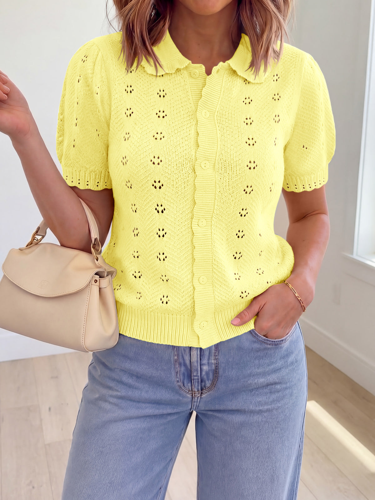 Saodimallsu Women Crochet Puff Sleeve Cardigan