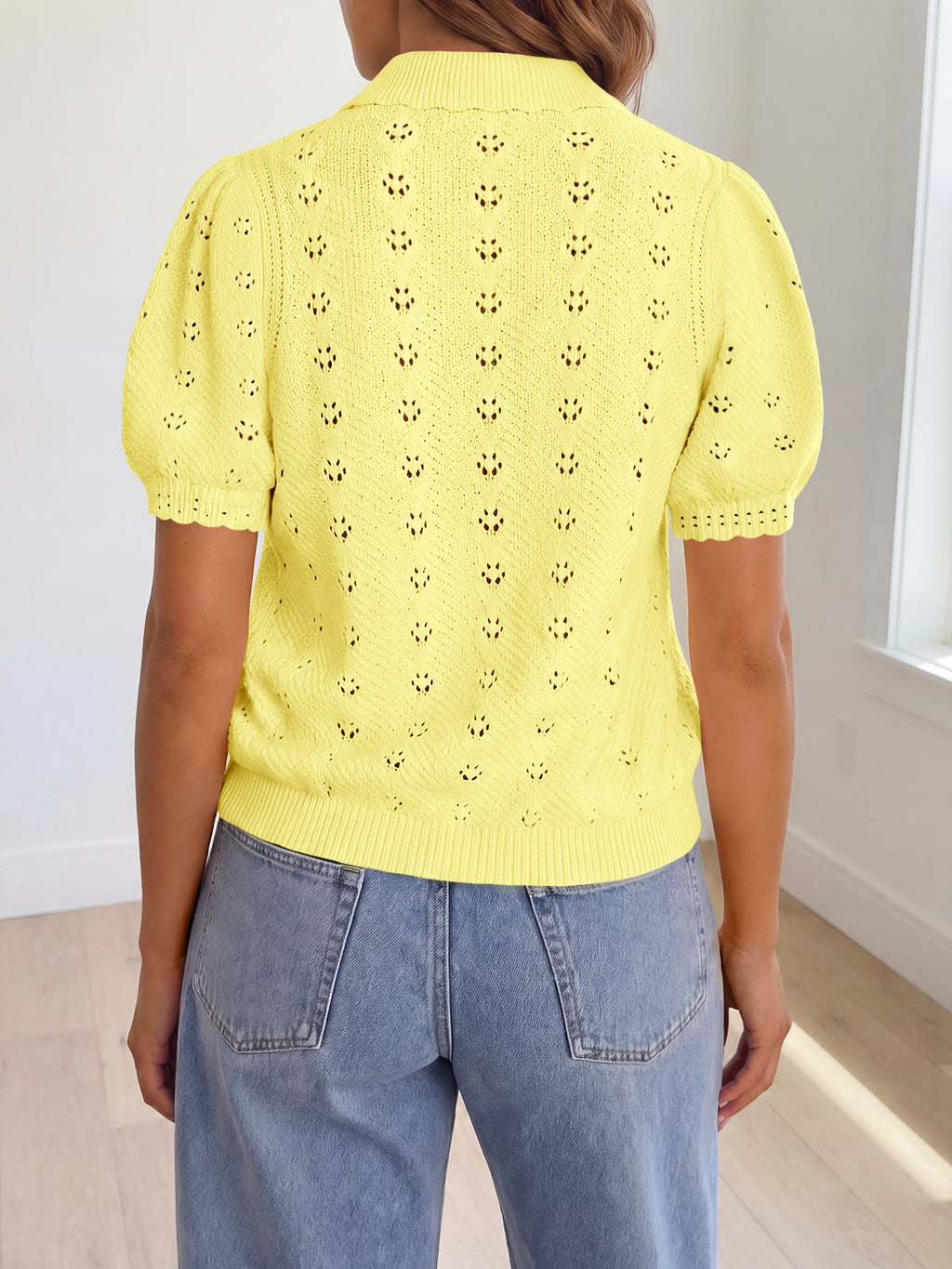 Saodimallsu Women Crochet Puff Sleeve Cardigan