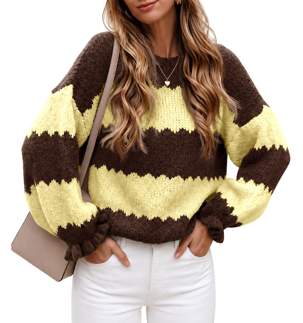 Saodimallsu Womens Striped Color Block Ruffle Sweaters
