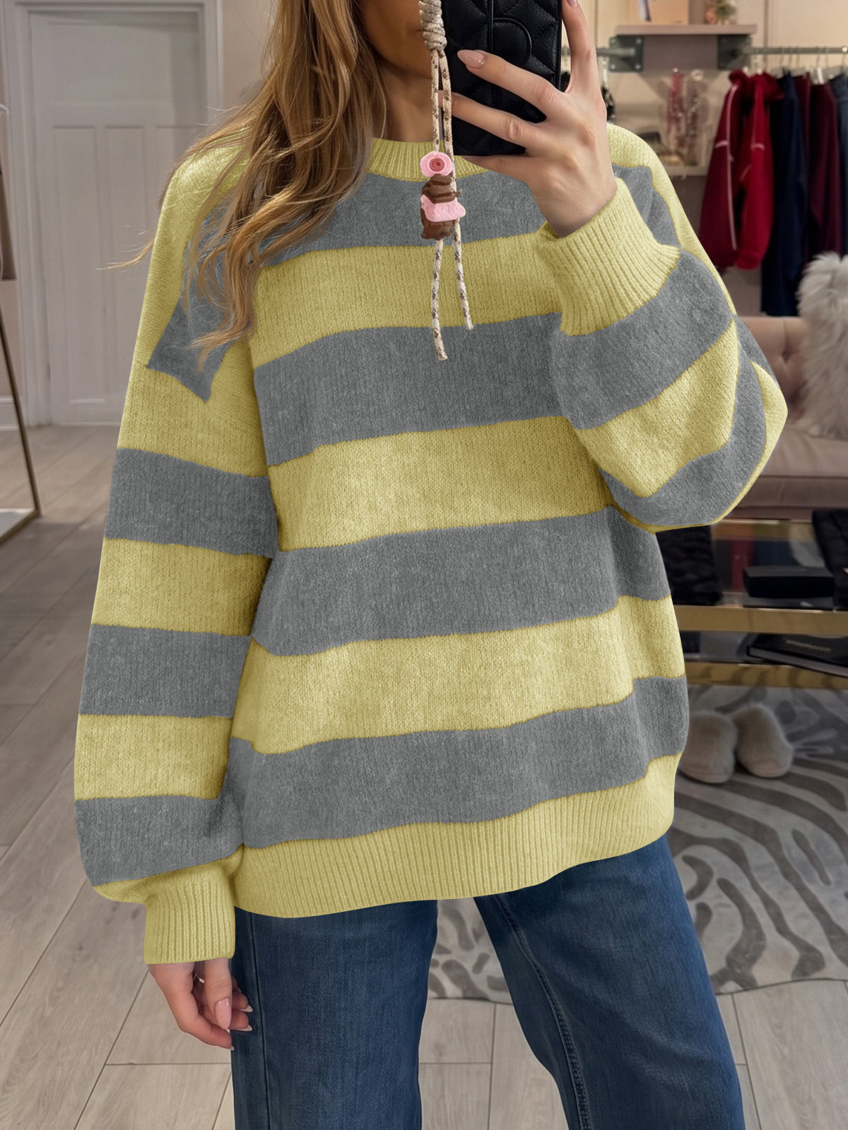 Saodimallsu Womens Oversized Striped Knit Block Sweaters
