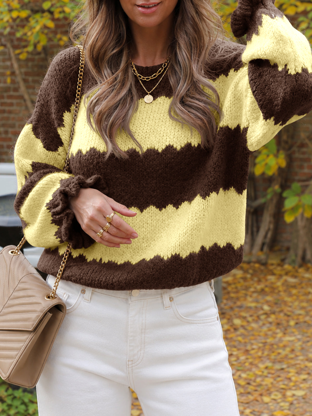 Saodimallsu Womens Striped Color Block Ruffle Sweaters