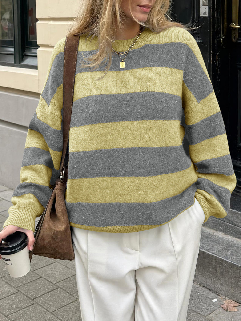 Saodimallsu Womens Oversized Striped Knit Block Sweaters