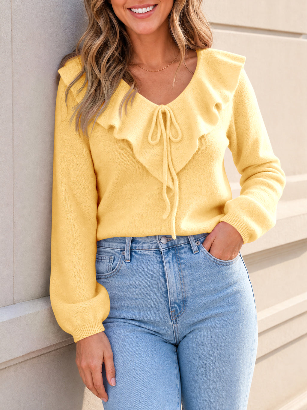 Saodimallsu Womens Ruffle V Neck Sweaters