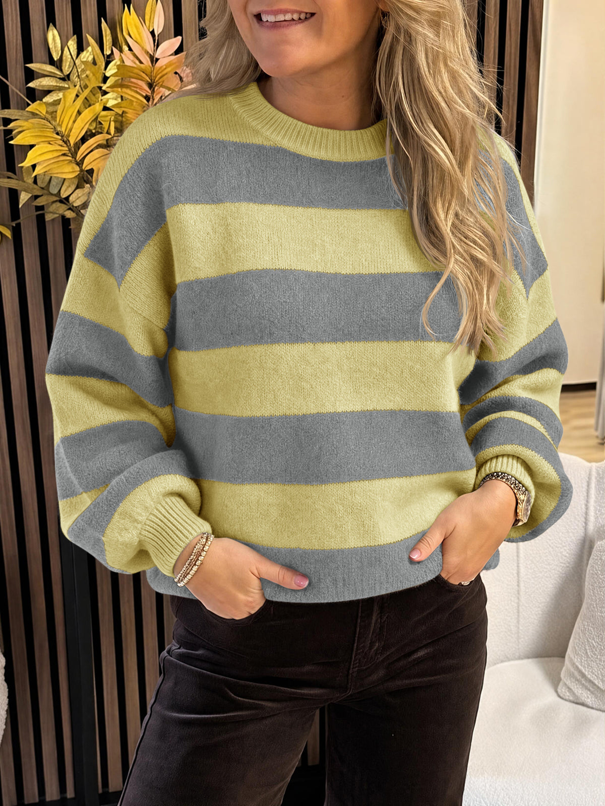 Saodimallsu Womens Oversized Striped Knit Block Sweaters