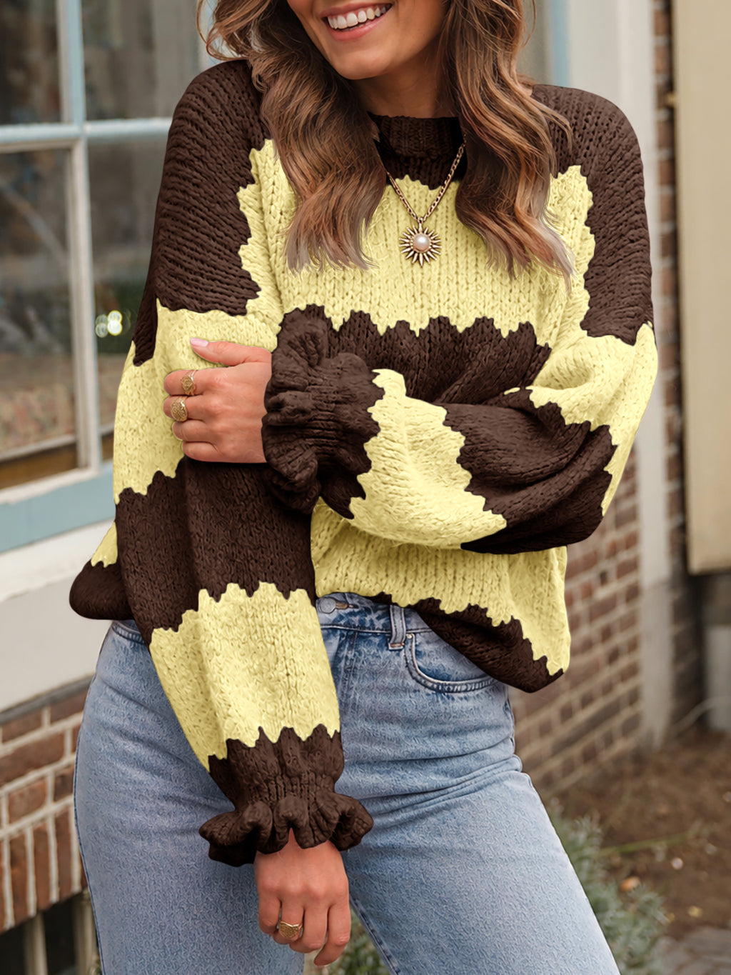 Saodimallsu Womens Striped Color Block Ruffle Sweaters