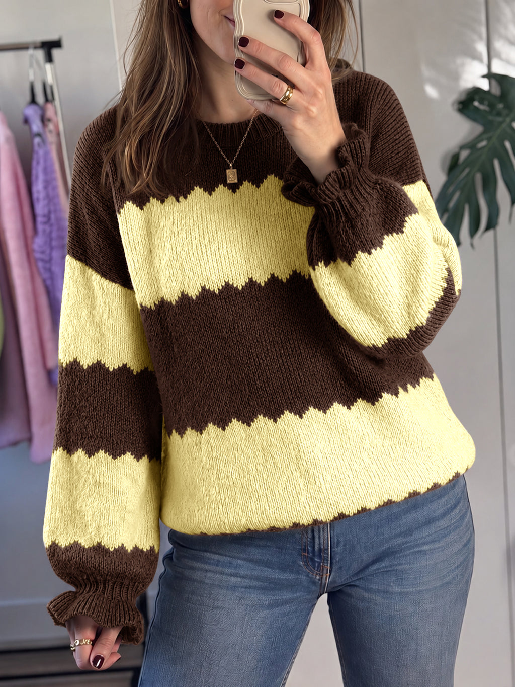 Saodimallsu Womens Striped Color Block Ruffle Sweaters