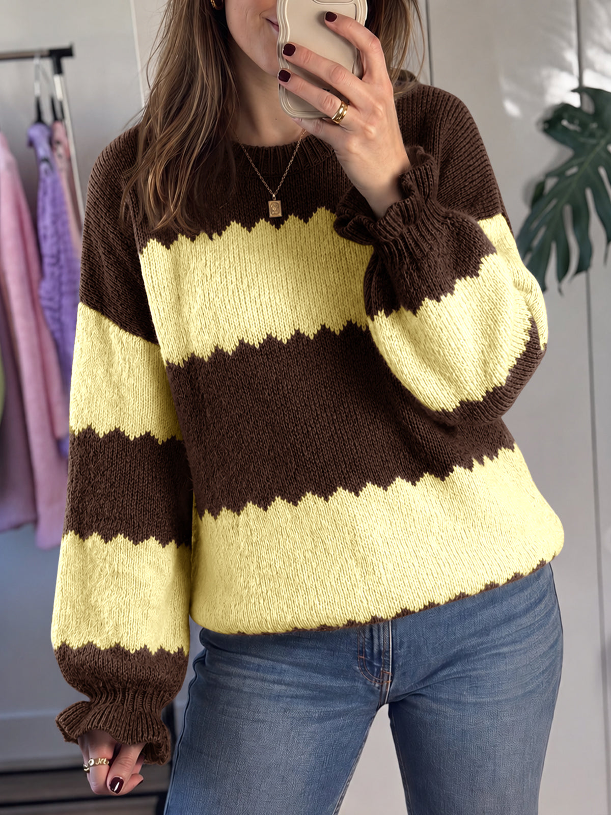 Saodimallsu Womens Striped Color Block Ruffle Sweaters