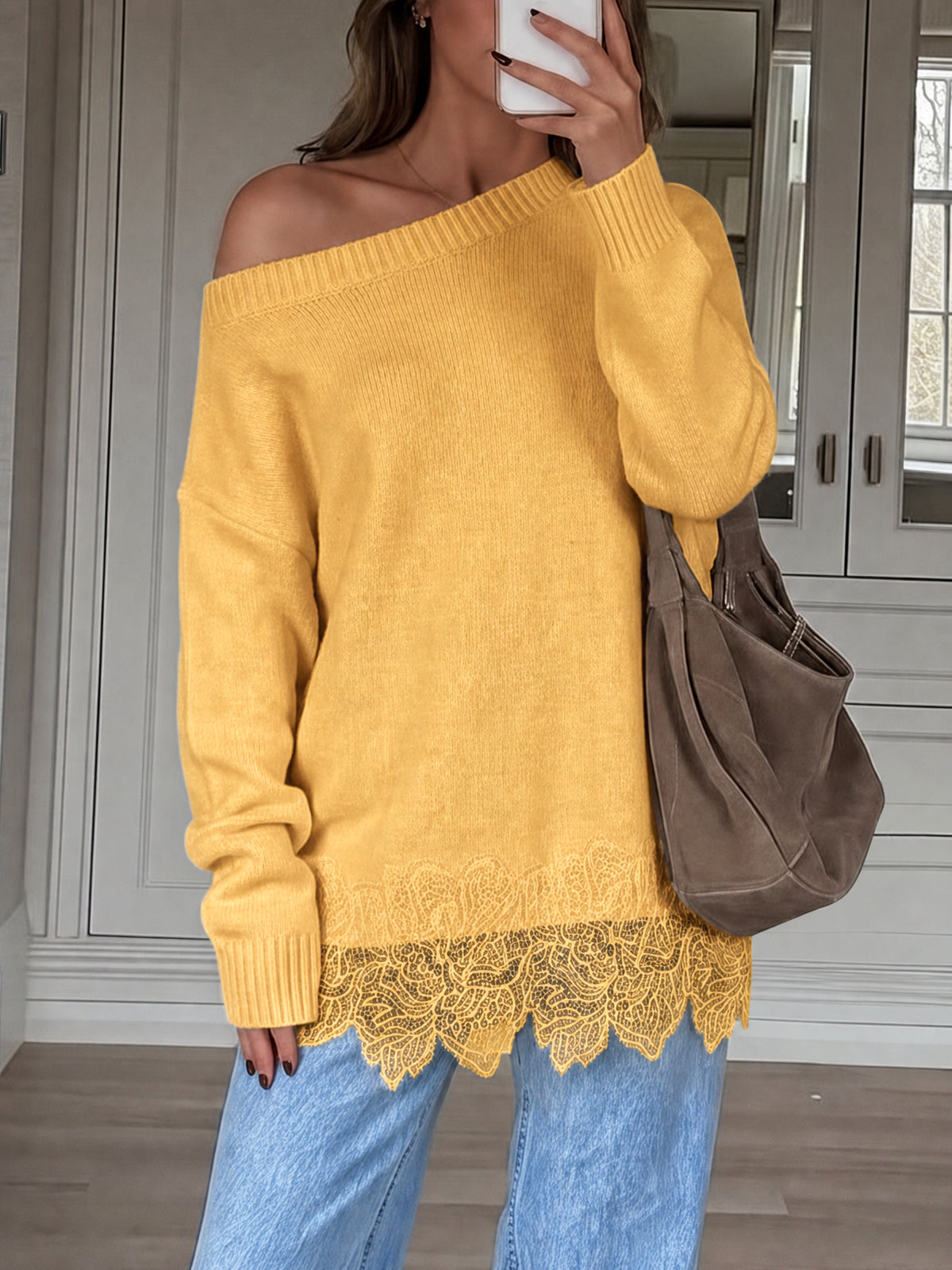 Saodimallsu Women Lace Patchwork Sweater